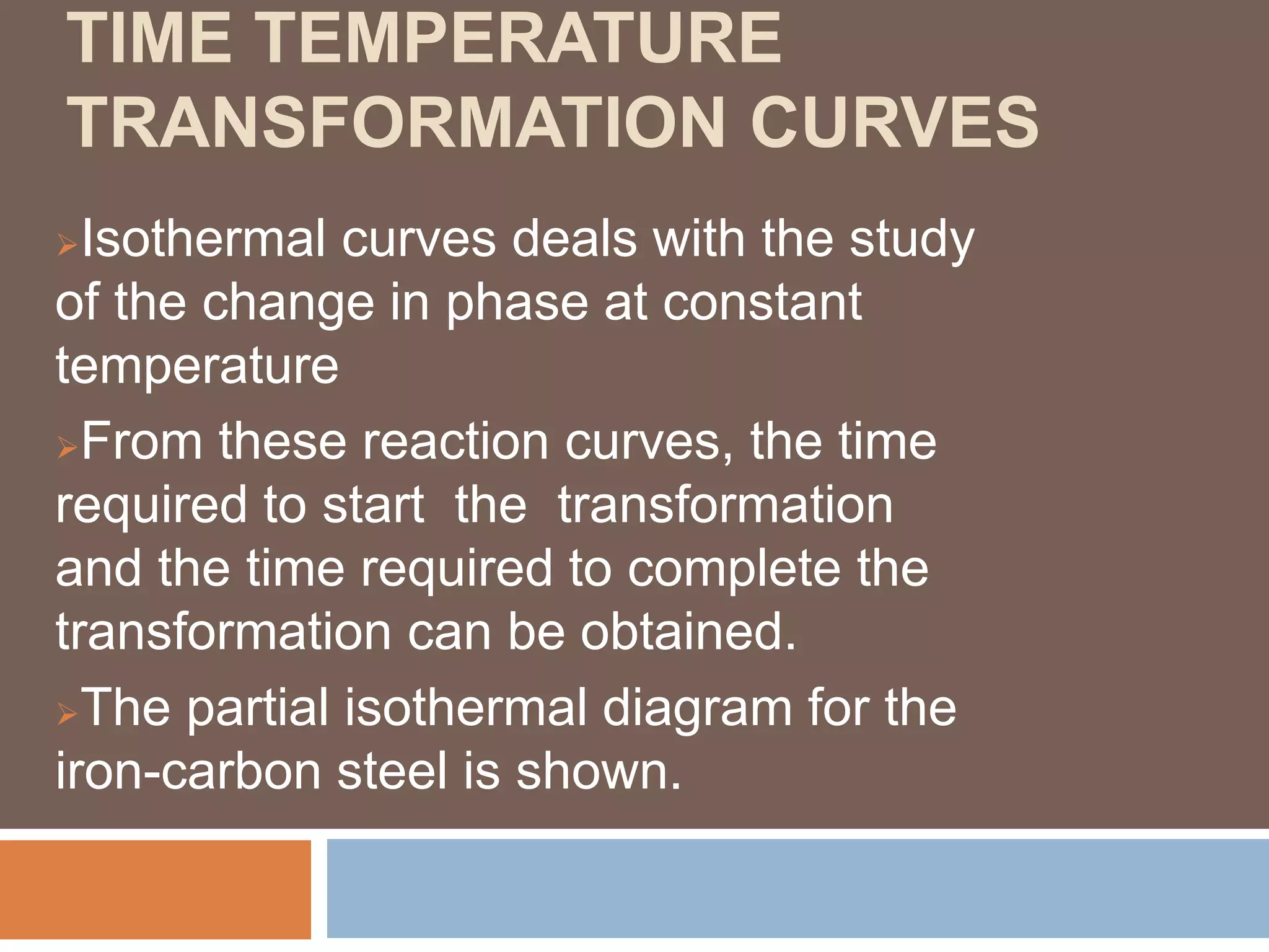 TIME TEMPERATURE
TRANSFORMATION CURVES
Isothermal curves deals with the study
of the change in phase at constant
temperature
From these reaction curves, the time
required to start the transformation
and the time required to complete the
transformation can be obtained.
The partial isothermal diagram for the
iron-carbon steel is shown.
 