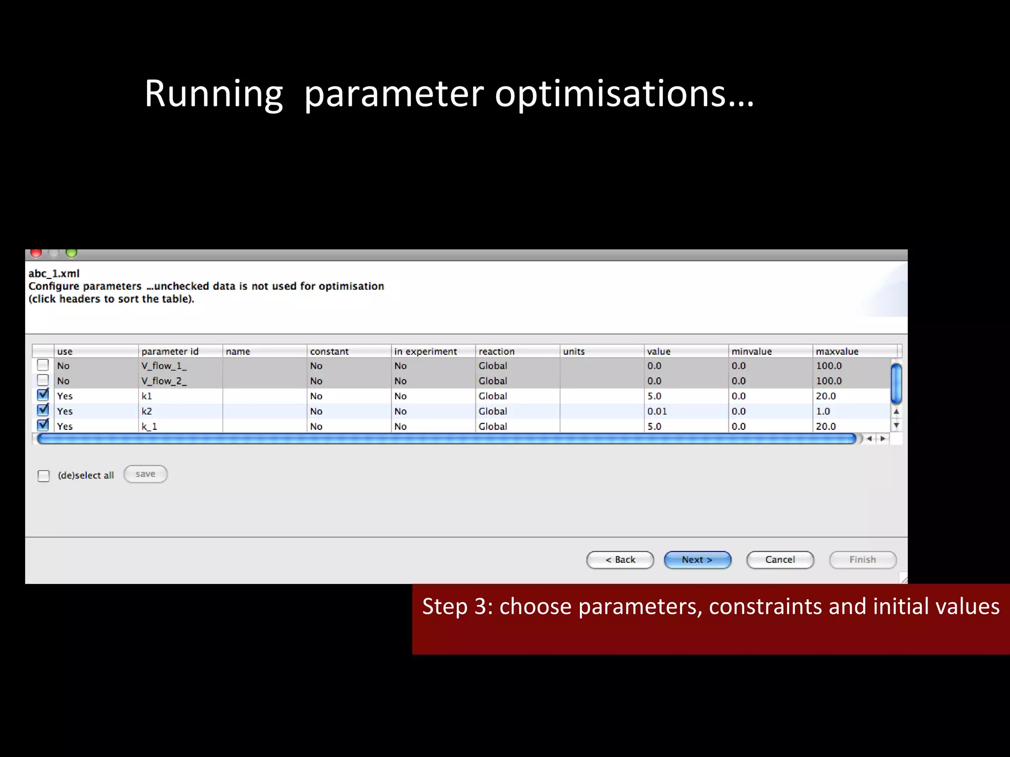 Step 3: choose parameters, constraints and initial values Running  parameter optimisations… 