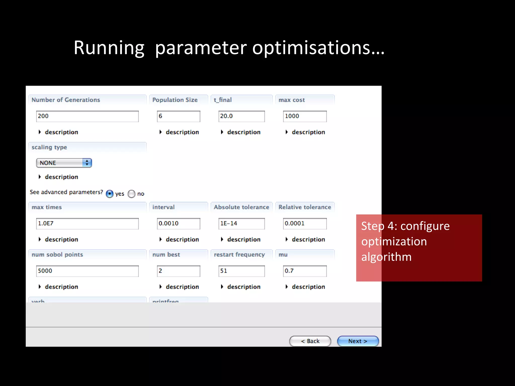 Running  parameter optimisations… Step 4: configure optimization algorithm 