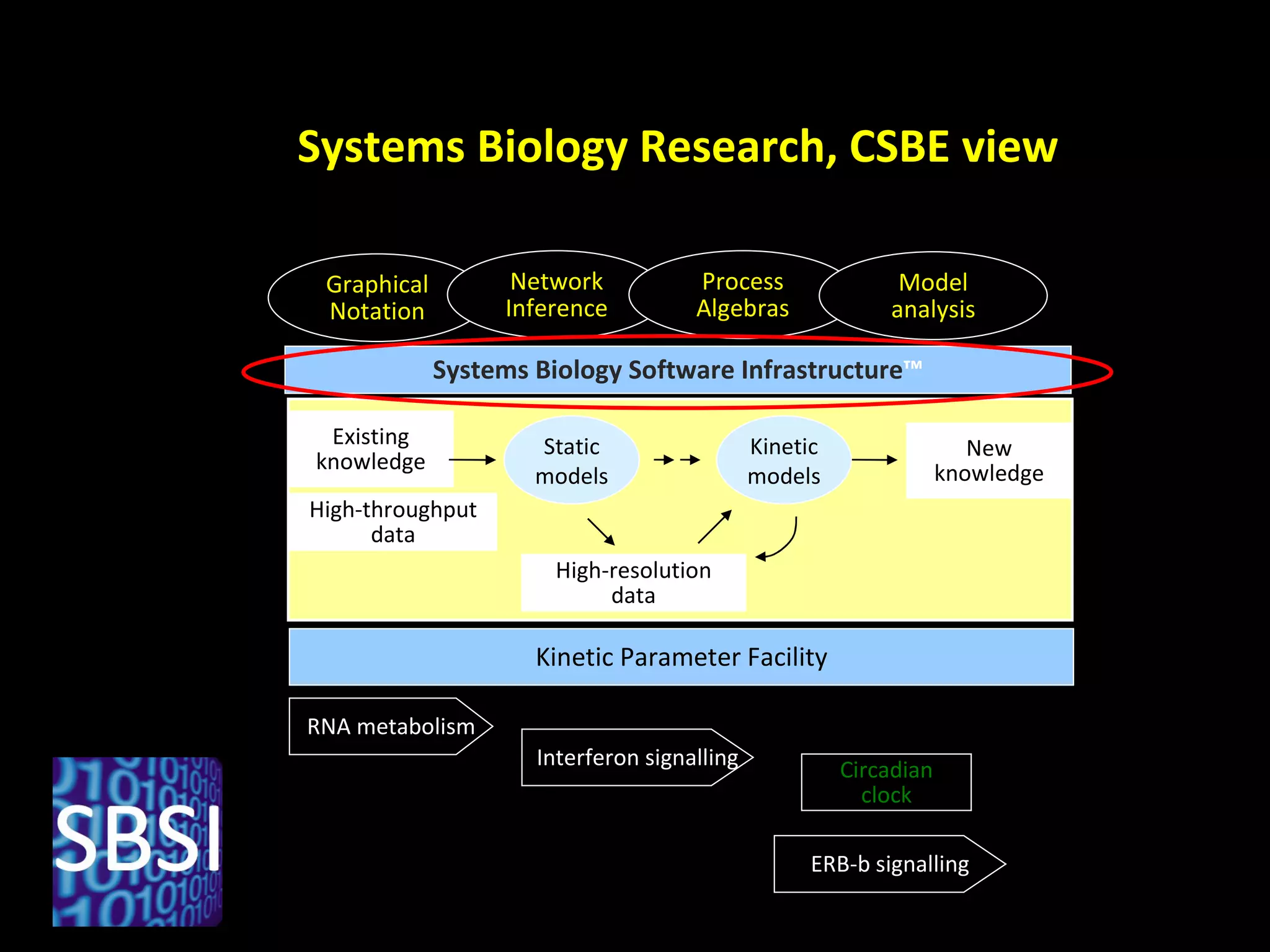 Graphical Notation Network Inference Process Algebras Model analysis Existing knowledge High-resolution data High-throughput data New knowledge Static models Kinetic models Systems Biology Software Infrastructure ™ Kinetic Parameter Facility Circadian clock RNA metabolism Interferon signalling Systems Biology Research, CSBE view ERB-b signalling 