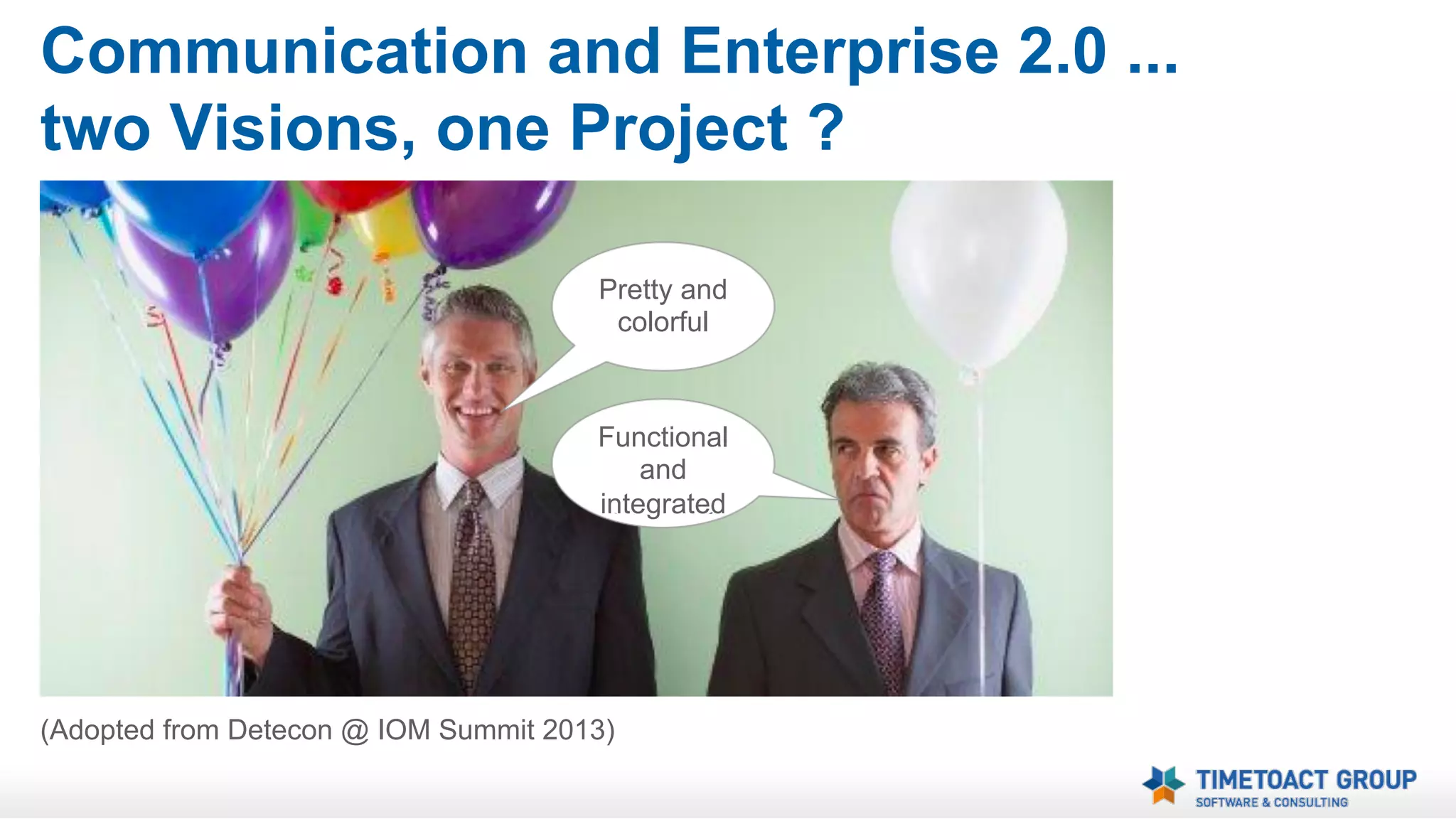Keeping Web CMS and Social Intranet separate
might cause Schizophrenia for Authors and Users

How should managers communicate,
as themselves or thru internal communications?
Where should employees look for content,
in the Web CMS based Intranet or in IBM Connections?

 
