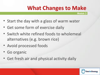 What Changes to Make
                                        Module 3


• Start the day with a glass of warm water
• Get some form of exercise daily
• Switch white refined foods to wholemeal
  alternatives (e.g. brown rice)
• Avoid processed foods
• Go organic
• Get fresh air and physical activity daily
 