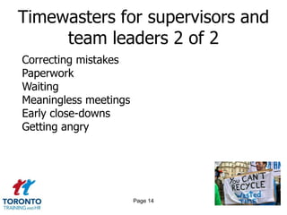 Timewasters for supervisors and
     team leaders 2 of 2
Correcting mistakes
Paperwork
Waiting
Meaningless meetings
Early close-downs
Getting angry




                       Page 14
 