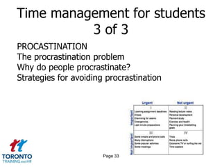 Time management for students
          3 of 3
PROCASTINATION
The procrastination problem
Why do people procrastinate?
Strategies for avoiding procrastination




                       Page 33
 