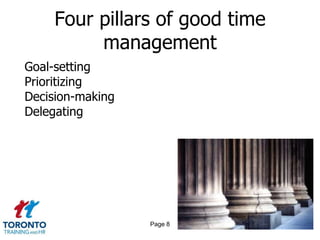 Four pillars of good time
         management
Goal-setting
Prioritizing
Decision-making
Delegating




                  Page 8
 