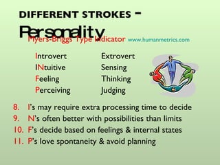 DIFFERENT STROKES  - Personality Myers-Briggs Type Indicator   www.humanmetrics.com   I ntrovert  Extrovert I N tuitive Sensing F eeling  Thinking P erceiving    Judging I ’s may require extra processing time to decide N ’s often better with possibilities than limits F ’s decide based on feelings & internal states P ’s love spontaneity & avoid planning 