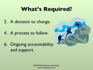 What’s Required? A decision to change.  A process to follow.  Ongoing accountability  and support.  ©2008 Ready2Grow Associates  www.ready2grow.com 