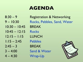 AGENDA 8:30 – 9  Registration & Networking 9 – 10:30  Rocks, Pebbles, Sand, Water 10:30 – 10:45  BREAK 10:45 – 12:15  Rocks 12:15 – 1:15  LUNCH 1:15 – 2:45  Pebbles 2:45 – 3  BREAK 3 – 4:00  Sand & Water 4 – 4:30  Wrap-Up 