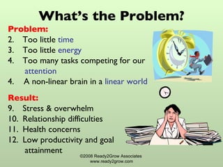 What’s the Problem? Problem:   Too little  time Too little  energy Too many tasks competing for our  attention 4.  A non-linear brain in a  linear   world Result:   Stress & overwhelm Relationship difficulties Health concerns Low productivity and goal  attainment ©2008 Ready2Grow Associates  www.ready2grow.com 