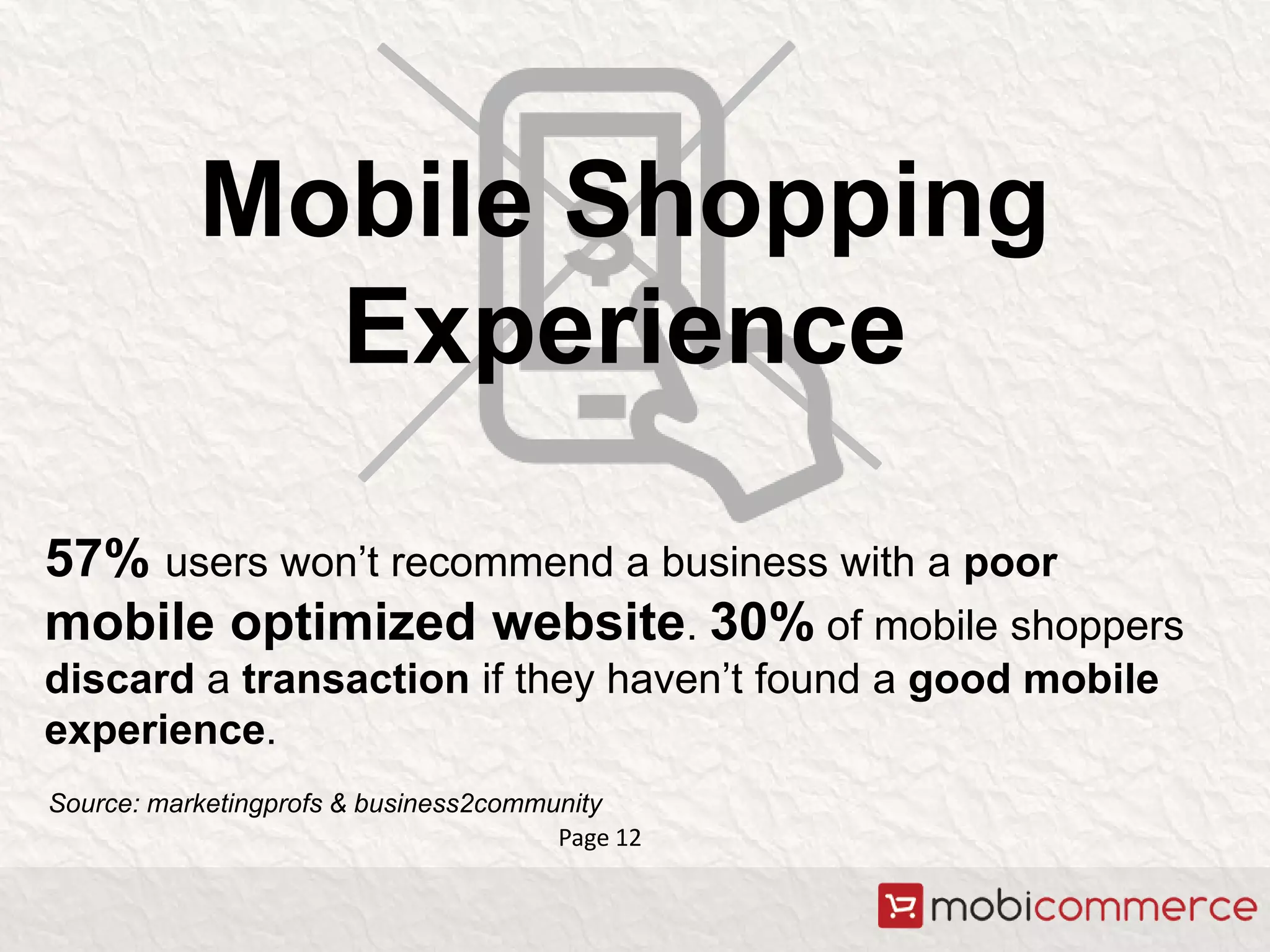 Mobile Shopping
Experience
57% users won’t recommend a business with a poor
mobile optimized website. 30% of mobile shoppers
discard a transaction if they haven’t found a good mobile
experience.
Page 12
Source: marketingprofs & business2community
 