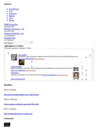 Markets

       Top Movers
       U.S.
       Americas
       Europe
       Asia
       Bonds

CBRE Group Inc
+8.9%$1.95
O...