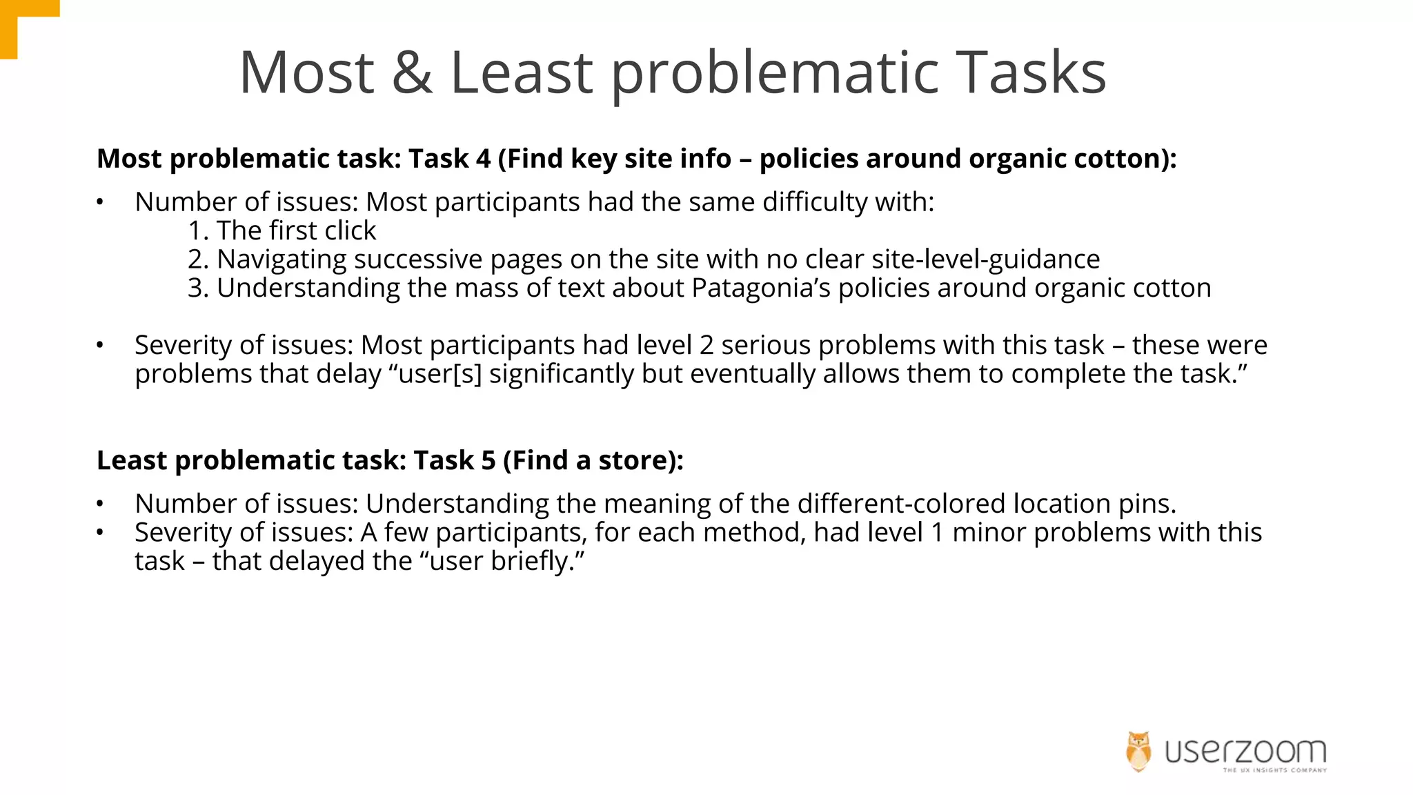 Most & Least problematic Tasks
Most problematic task: Task 4 (Find key site info – policies around organic cotton):
• Number of issues: Most participants had the same difficulty with:
1. The first click
2. Navigating successive pages on the site with no clear site-level-guidance
3. Understanding the mass of text about Patagonia’s policies around organic cotton
• Severity of issues: Most participants had level 2 serious problems with this task – these were
problems that delay “user[s] significantly but eventually allows them to complete the task.”
Least problematic task: Task 5 (Find a store):
• Number of issues: Understanding the meaning of the different-colored location pins.
• Severity of issues: A few participants, for each method, had level 1 minor problems with this
task – that delayed the “user briefly.”
 