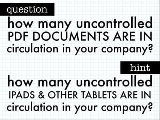 question

how many uncontrolled
PDF DOCUMENTS ARE IN

circulation in your company?
hint

how many uncontrolled
IPADS & OTHER TABLETS ARE IN

circulation in your company?

 