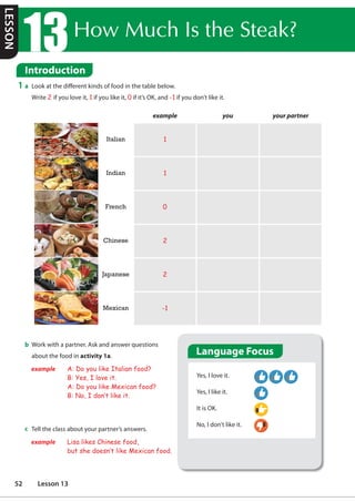 +RZ0XFK,VWKH6WHDN
Introduction
1 a Look at the different kinds of food in the table below.
Write 2 if you love it, 1 if you like it, 0 if it’s OK, and -1 if you don’t like it.
b Work with a partner. Ask and answer questions
about the food in activity 1a.
example A: Do you like Italian food?
B: Yes, I love it.
A: Do you like Mexican food?
B: No, I don·t like it.
c Tell the class about your partner’s answers.
example Lisa likes Chinese food,
but she doesn·t like Mexican food.
Yes, I love it.
Yes, I like it.
It is OK.
No, I don’t like it.
Yes, I love it.
Yes, I like it.
It is OK.
No, I don’t like it.
Language Focus
example you your partner
Italian 1
Indian 1
French 0
Chinese 2
Japanese 2
Mexican -1
Introduction

LESSON
52 Lesson 13
 
