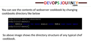 You can see the contents of webserver cookbook by changing
cookbooks directory like below
So above image shows the directory structure of any typical chef
cookbook.
 