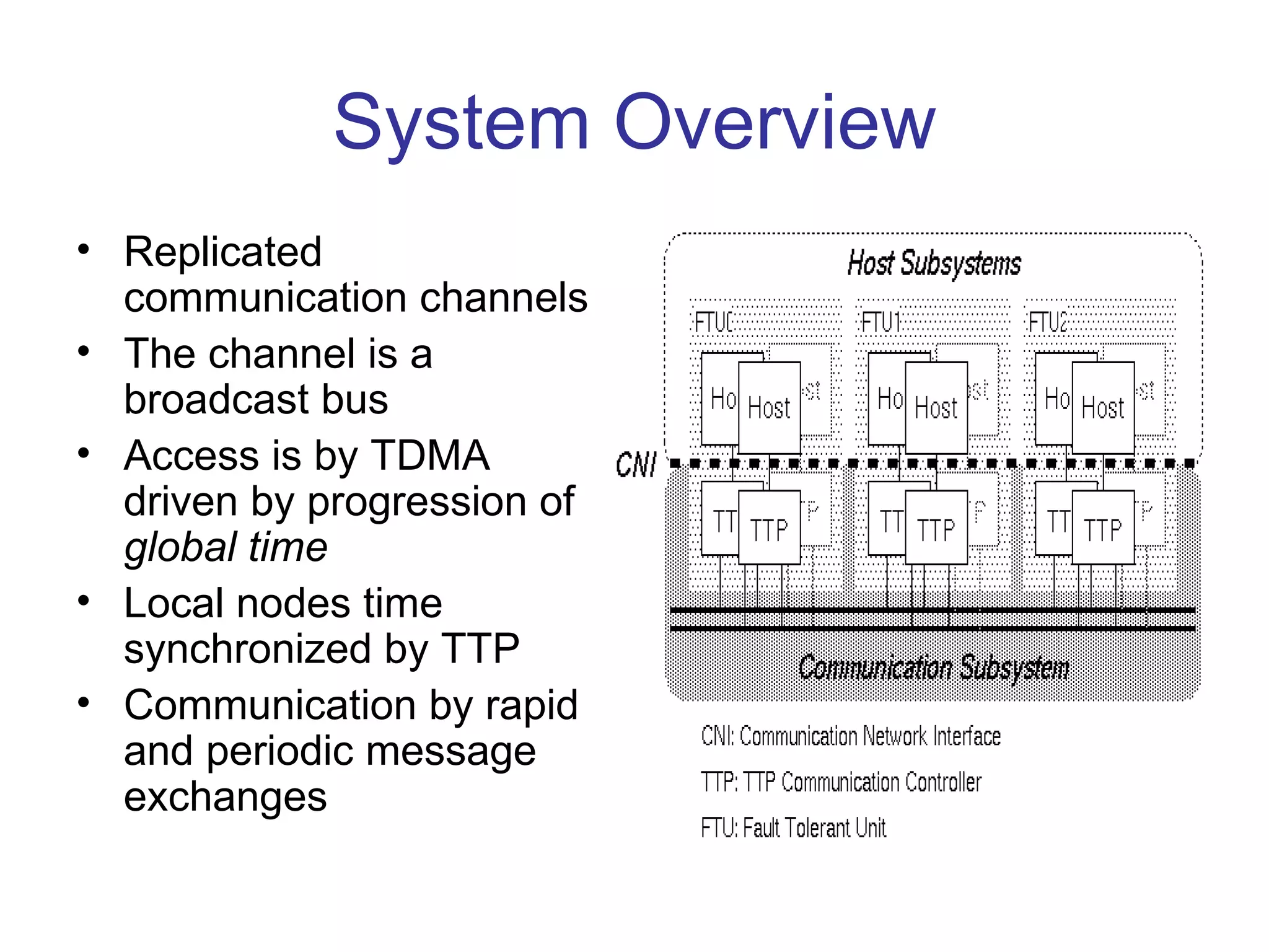 System Overview
• Replicated
  communication channels
• The channel is a
  broadcast bus
• Access is by TDMA
  driven by progression of
  global time
• Local nodes time
  synchronized by TTP
• Communication by rapid
  and periodic message
  exchanges
 