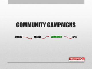 COMMUNITY CAMPAIGNS
BRANDS AGENCY COMMUNITY KPIs
 