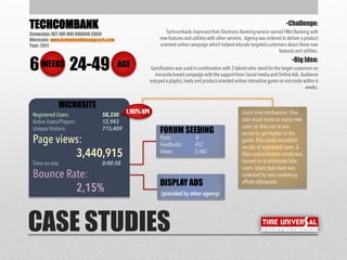 •Challenge:
•Big Idea:
CASE STUDIES
TECHCOMBANK
Campaign: KET NOI MOI KHOANG CACH
Microsite: www.ketnoimoikhoangcach.com
Year: 2011
WEEKS6 AGE24-49
MICROSITE
DISPLAY ADS
FORUM SEEDING
1,167% KPI
 