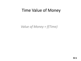 6-1
6-1
Time Value of Money
Value of Money = f(Time)
 