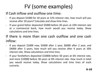 6-10
FV (some examples)
If Cash inflow and outflow one time:
- If you deposit $1000 for 10 years at 12% interest rate, how much will you
receive after 10 years? Calculate and show time lines.
- If your grand father deposited $5000 before 30 years at 10% interest rate
at a commercial bank, how much would you receive today. Show
calculations and time lines.
If there is more than one cash outflow and one cash
inflow:
- If you deposit $1000 now, $5000 after 1 year, $6000 after 2 year, and
$4000 after 3 years, how much will you receive after 4 years at 10%
interest rate. Show calculations and time lines.
- If your forefathers deposited $10000 before 50 years at 6% interest rate,
and more $10000 before 30 years at 8% interest rate. How much in total
you would receive today. Show calculations and time lines of each
scenario.
 
