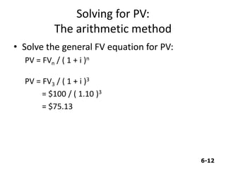 6-12
Solving for PV:
The arithmetic method
• Solve the general FV equation for PV:
PV = FVn / ( 1 + i )n
PV = FV3 / ( 1 + i )3
= $100 / ( 1.10 )3
= $75.13
 