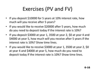 6-16
Exercises (PV and FV)
• If you deposit $10000 for 5 years at 10% interest rate, how
much will you receive after 5 years?
• If you would like to receive $20000 after 5 years, how much
do you need to deposit today if the interest rate is 10%?
• If you deposit $3000 at year 1, 3500 at year 2, $0 at year 4 and
$4000 at year 5, how much will you receive after 5 years if the
interest rate is 10%? Show time lines.
• If you would like to receive $3000 at year 1, 3500 at year 2, $0
at year 4 and $4000 at year 5, how much do you need to
deposit today if the interest rate is 10%? Show time lines.
 