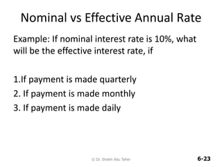 6-23
Nominal vs Effective Annual Rate
Example: If nominal interest rate is 10%, what
will be the effective interest rate, if
1.If payment is made quarterly
2. If payment is made monthly
3. If payment is made daily
© Dr. Sheikh Abu Taher
 