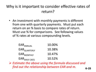 6-25
Why is it important to consider effective rates of
return?
• An investment with monthly payments is different
from one with quarterly payments. Must put each
return on an % basis to compare rates of return.
Must use % for comparisons. See following values
of % rates at various compounding levels.
EARANNUAL 10.00%
EARQUARTERLY 10.38%
EARMONTHLY 10.47%
EARDAILY (365) 10.52%
➢ Estimate the above using the formula discussed and
find out the relationship between EAR and m.
 