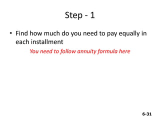 6-31
Step - 1
• Find how much do you need to pay equally in
each installment
You need to follow annuity formula here
 