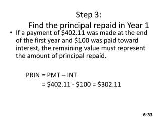 6-33
Step 3:
Find the principal repaid in Year 1
• If a payment of $402.11 was made at the end
of the first year and $100 was paid toward
interest, the remaining value must represent
the amount of principal repaid.
PRIN = PMT – INT
= $402.11 - $100 = $302.11
 