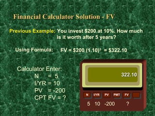 Financial Calculator Solution - FV

Previous Example: You invest $200 at 10%. How much
                  is it worth after 5 years?

  Using Formula:   FV = $200 (1.10)5 = $322.10


  Calculator Enter:
        N     = 5                                  322.10
        I/YR = 10
        PV = -200
                             N   I/YR   PV   PMT    FV
        CPT FV = ?
                             5 10 -200              ?
 