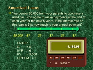Amortized Loans
 You borrow $5,000 from your parents to purchase a
  used car. You agree to make payments at the end of
  each year for the next 5 years. If the interest rate on
  this loan is 6%, how much is your annual payment?
      0       1       2        3          4          5


   $5,000    $?      $?       $?          $?         $?

      ENTER:
      N    =5                                  –1,186.98
      I/YR = 6
      PV   = 5,000
      CPT PMT = ?             N    I/YR   PV   PMT       FV


                              5    6      5,000 ?
 