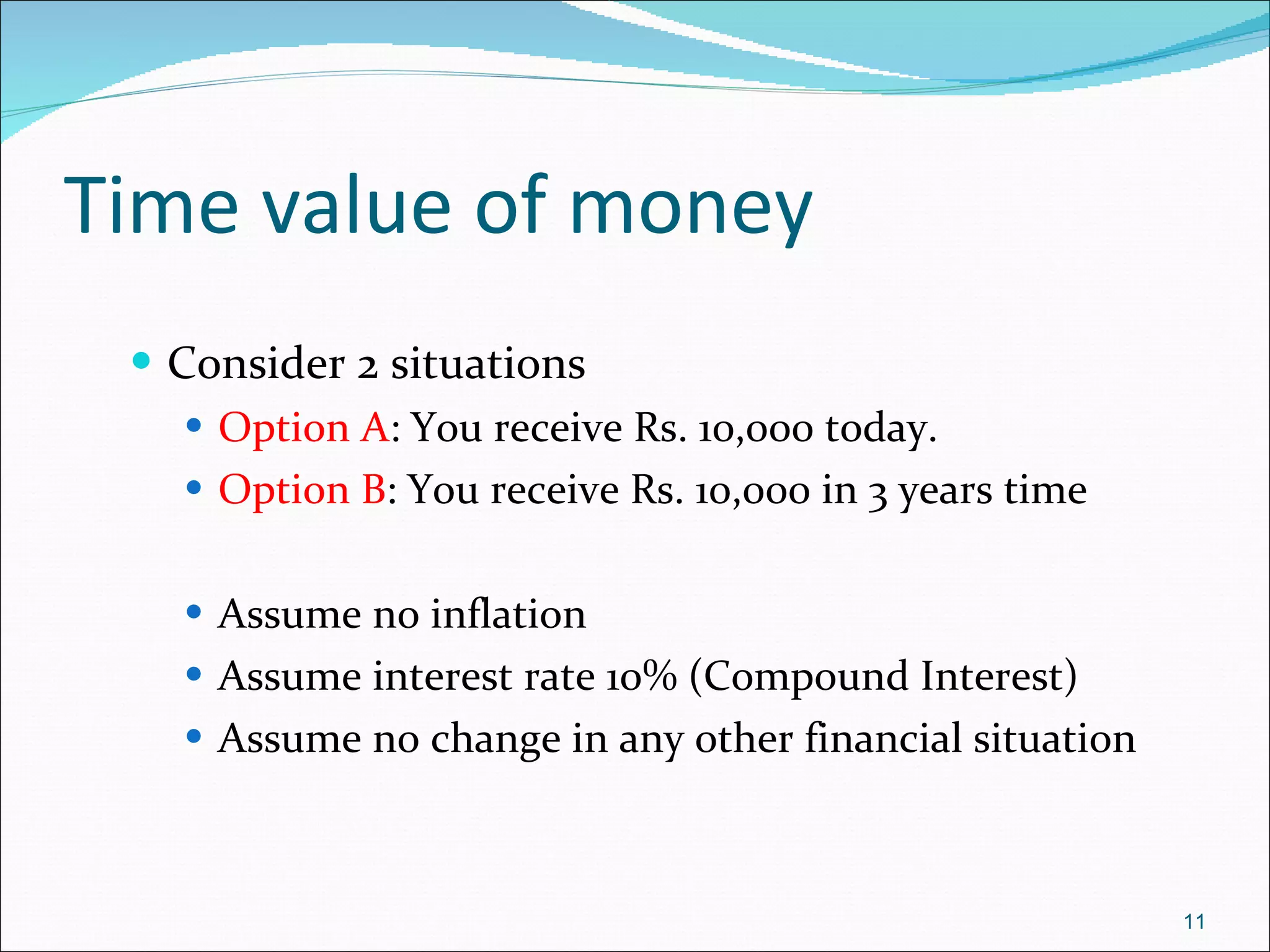 Time value of money Consider 2 situations Option A : You receive Rs. 10,000 today. Option B : You receive Rs. 10,000 in 3 years time Assume no inflation Assume interest rate 10% (Compound Interest) Assume  no change in any other financial situation 
