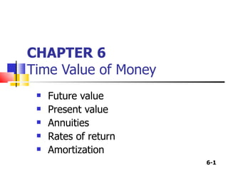 CHAPTER 6 Time Value of Money ,[object Object],[object Object],[object Object],[object Object],[object Object]