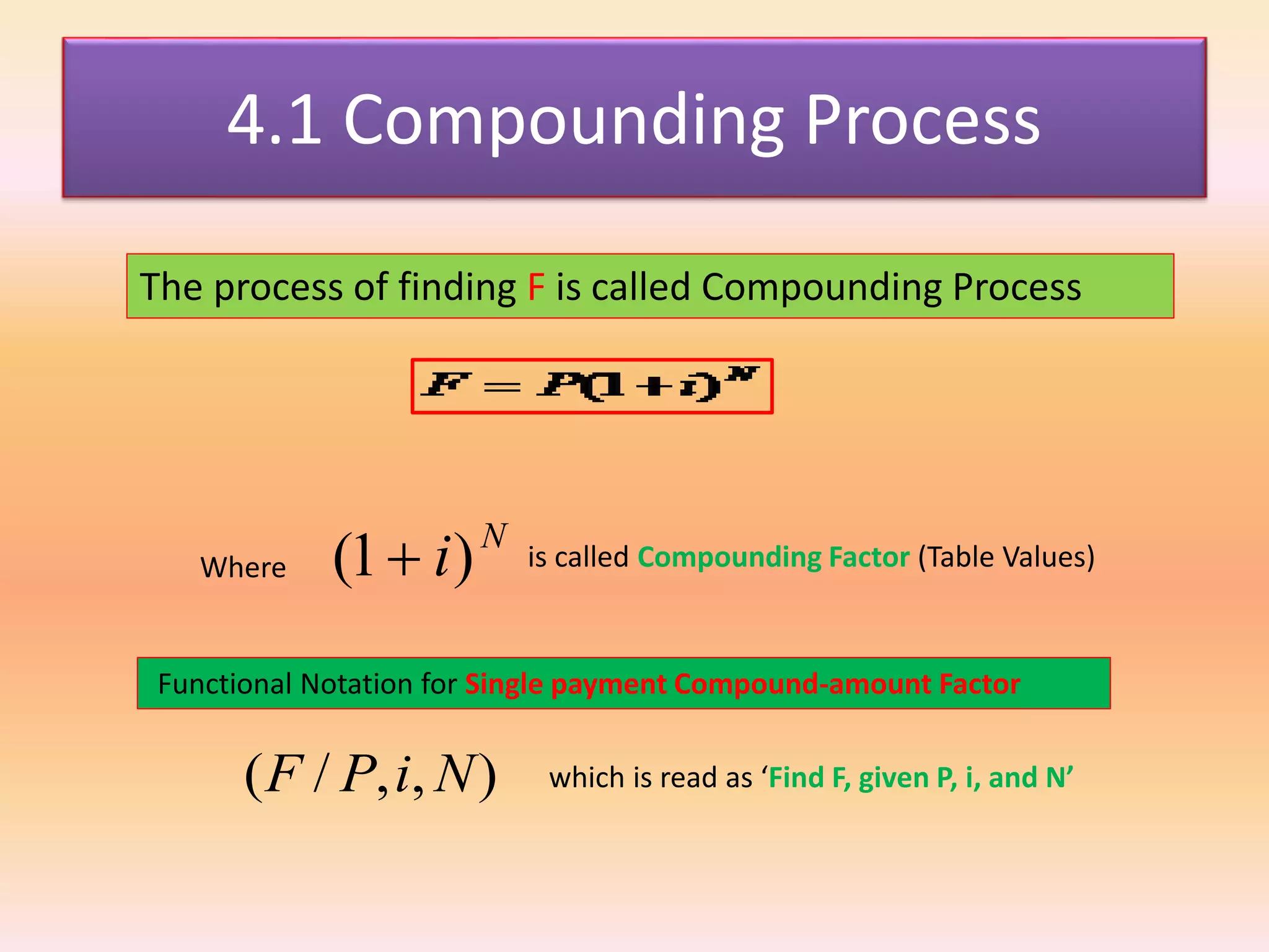 4.1 Compounding Process
The process of finding F is called Compounding Process
N
i)1(  is called Compounding Factor (Table Values)Where
Functional Notation for Single payment Compound-amount Factor
),,/( NiPF which is read as ‘Find F, given P, i, and N’
 