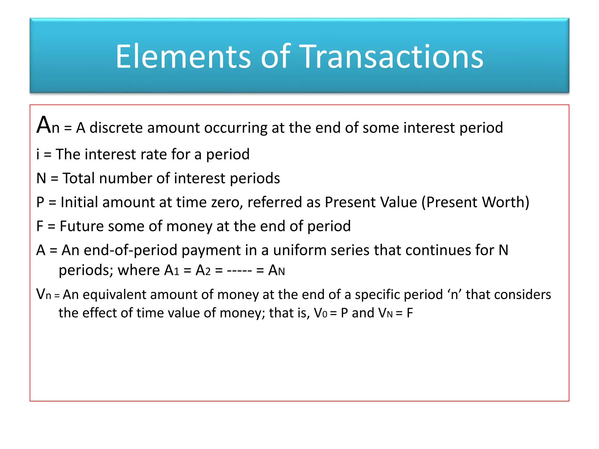 Elements of Transactions
An = A discrete amount occurring at the end of some interest period
i = The interest rate for a period
N = Total number of interest periods
P = Initial amount at time zero, referred as Present Value (Present Worth)
F = Future some of money at the end of period
A = An end-of-period payment in a uniform series that continues for N
periods; where A1 = A2 = ----- = AN
Vn = An equivalent amount of money at the end of a specific period ‘n’ that considers
the effect of time value of money; that is, V0 = P and VN = F
 