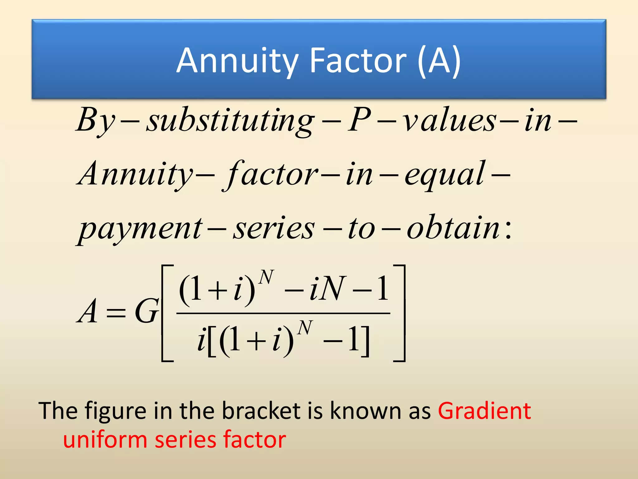 Annuity Factor (A)
The figure in the bracket is known as Gradient
uniform series factor












]1)1[(
1)1(
:
N
N
ii
iNi
GA
obtaintoseriespayment
equalinfactorAnnuity
invaluesPngsubstitutiBy
 
