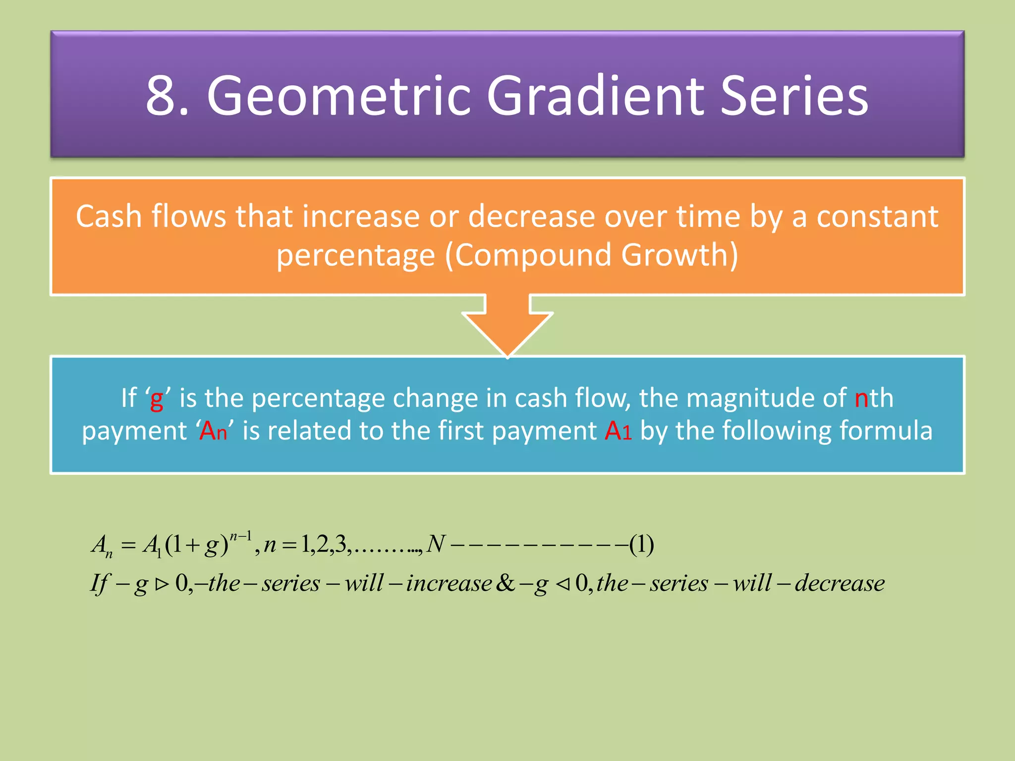 8. Geometric Gradient Series
If ‘g’ is the percentage change in cash flow, the magnitude of nth
payment ‘An’ is related to the first payment A1 by the following formula
Cash flows that increase or decrease over time by a constant
percentage (Compound Growth)
decreasewillseriesthegincreasewillseriesthegIf
NngAA n
n

 
,0&,0
)1(.,,.........3,2,1,)1( 1
1

 