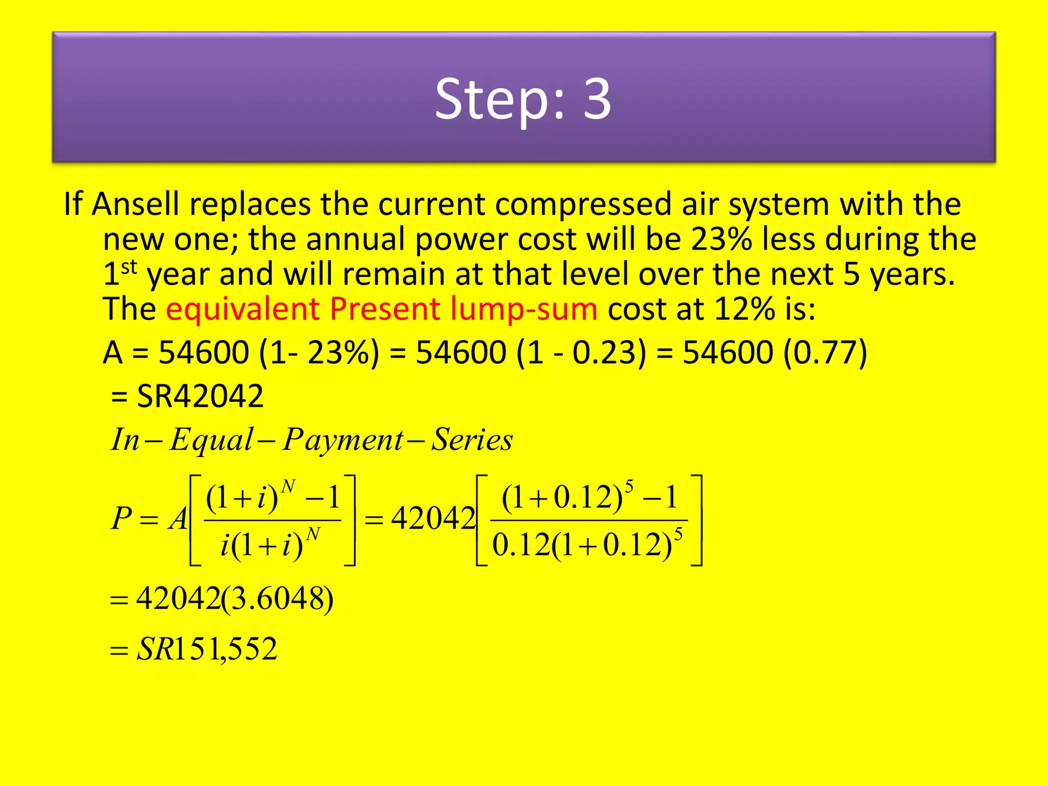 Step: 3
If Ansell replaces the current compressed air system with the
new one; the annual power cost will be 23% less during the
1st year and will remain at that level over the next 5 years.
The equivalent Present lump-sum cost at 12% is:
A = 54600 (1- 23%) = 54600 (1 - 0.23) = 54600 (0.77)
= SR42042
552,151
)6048.3(42042
)12.01(12.0
1)12.01(
42042
)1(
1)1(
5
5
SR
ii
i
AP
SeriesPaymentEqualIn
N
N




















 