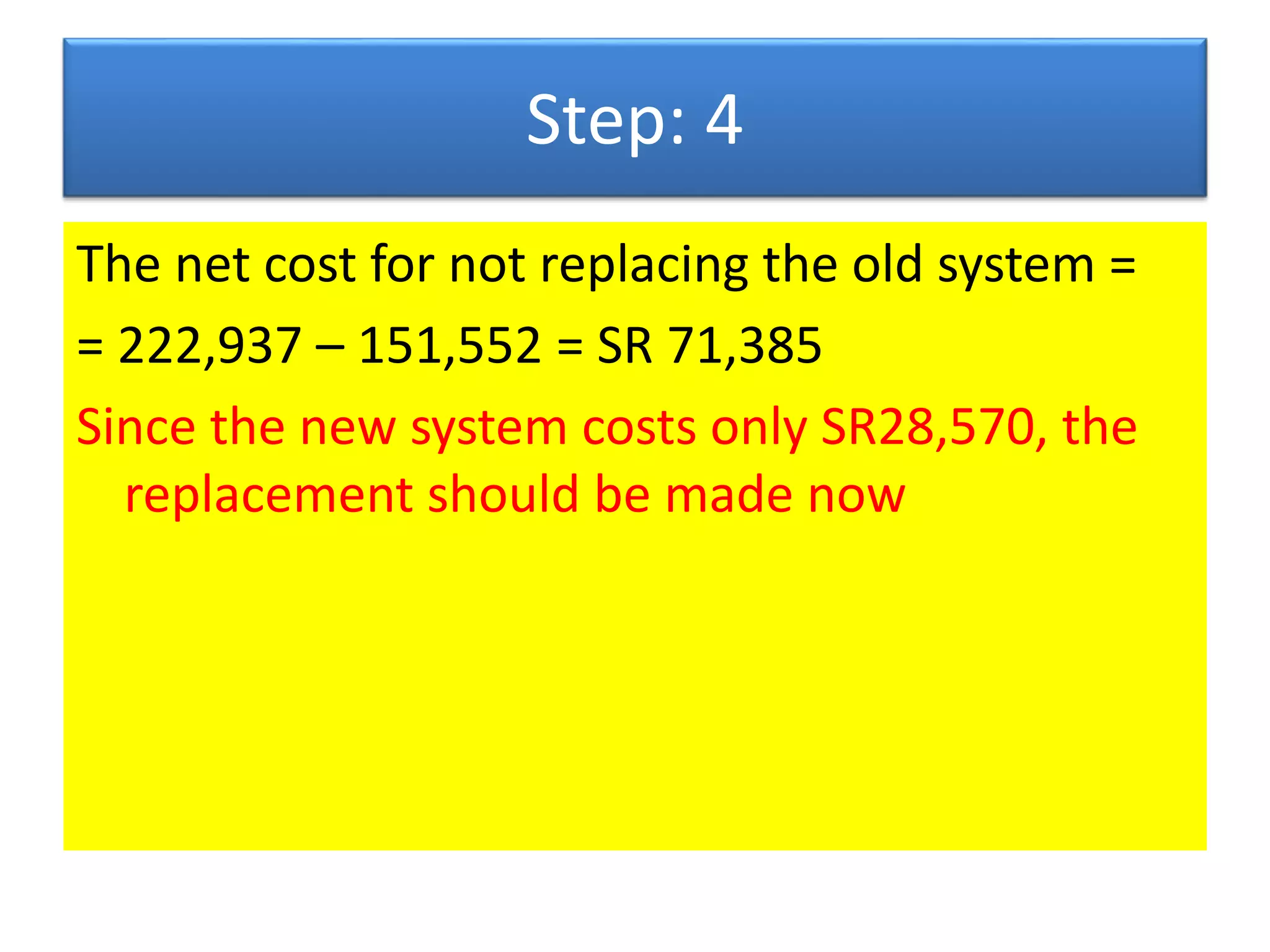 Step: 4
The net cost for not replacing the old system =
= 222,937 – 151,552 = SR 71,385
Since the new system costs only SR28,570, the
replacement should be made now
 