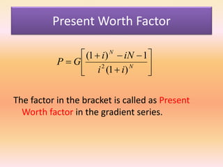 Present Worth Factor
The factor in the bracket is called as Present
Worth factor in the gradient series.







...