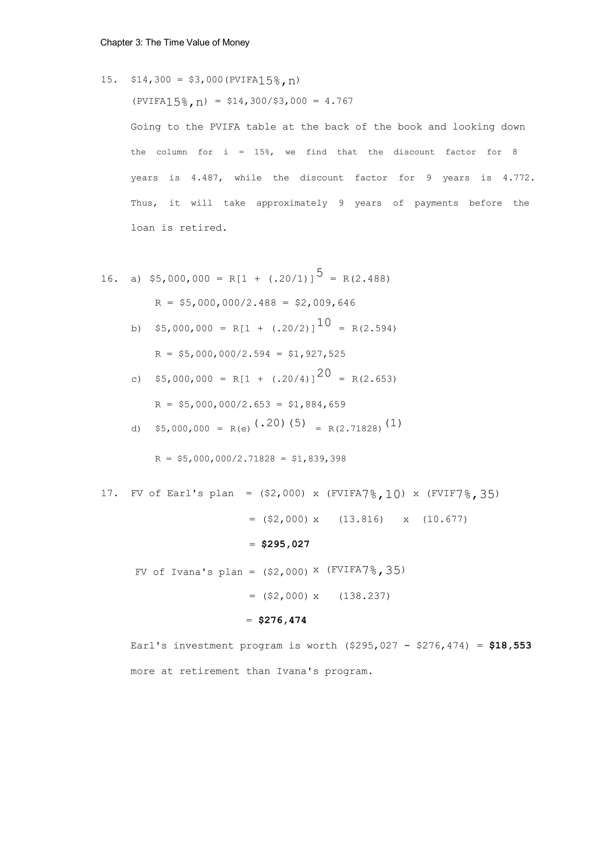 Chapter 3: The Time Value of Money
15. $14,300 = $3,000(PVIFA15%,n)
(PVIFA15%,n) = $14,300/$3,000 = 4.767
Going to the PVIFA table at the back of the book and looking down
the column for i = 15%, we find that the discount factor for 8
years is 4.487, while the discount factor for 9 years is 4.772.
Thus, it will take approximately 9 years of payments before the
loan is retired.
16. a) $5,000,000 = R[1 + (.20/1)]5 = R(2.488)
R = $5,000,000/2.488 = $2,009,646
b) $5,000,000 = R[1 + (.20/2)]
10 = R(2.594)
R = $5,000,000/2.594 = $1,927,525
c) $5,000,000 = R[1 + (.20/4)]
20 = R(2.653)
R = $5,000,000/2.653 = $1,884,659
d) $5,000,000 = R(e)
(.20)(5) = R(2.71828)
(1)
R = $5,000,000/2.71828 = $1,839,398
17. FV of Earl's plan = ($2,000) x (FVIFA7%,10) x (FVIF7%,35)
= ($2,000) x (13.816) x (10.677)
= $295,027
FV of Ivana's plan = ($2,000) x (FVIFA7%,35)
= ($2,000) x (138.237)
= $276,474
Earl's investment program is worth ($295,027 - $276,474) = $18,553
more at retirement than Ivana's program.
 