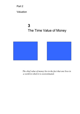 Part 2
Valuation
3
The Time Value of Money
The chief value of money lies in the fact that one lives in
a world in which it is overestimated.
 