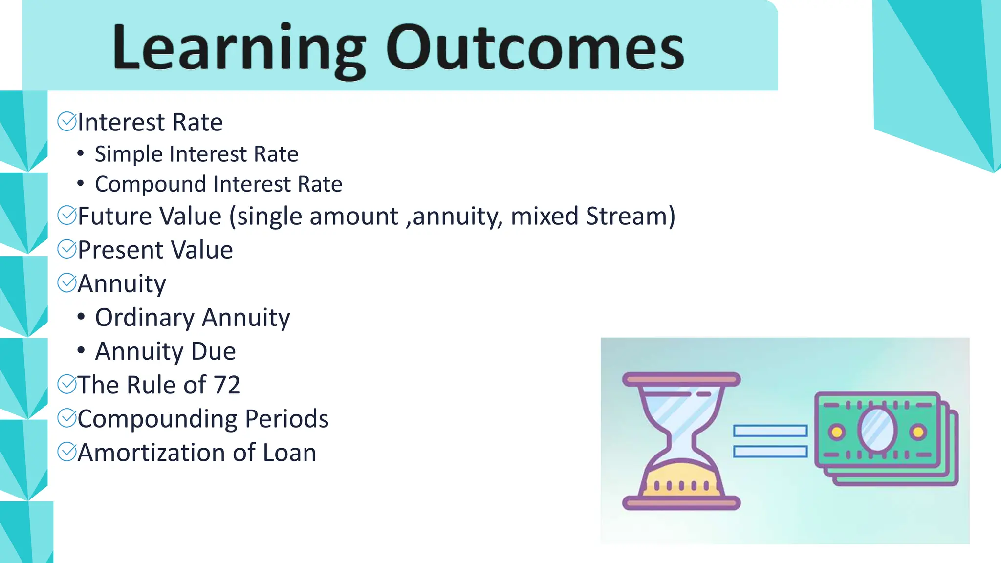 Interest Rate
• Simple Interest Rate
• Compound Interest Rate
Future Value (single amount ,annuity, mixed Stream)
Present Value
Annuity
• Ordinary Annuity
• Annuity Due
The Rule of 72
Compounding Periods
Amortization of Loan
 