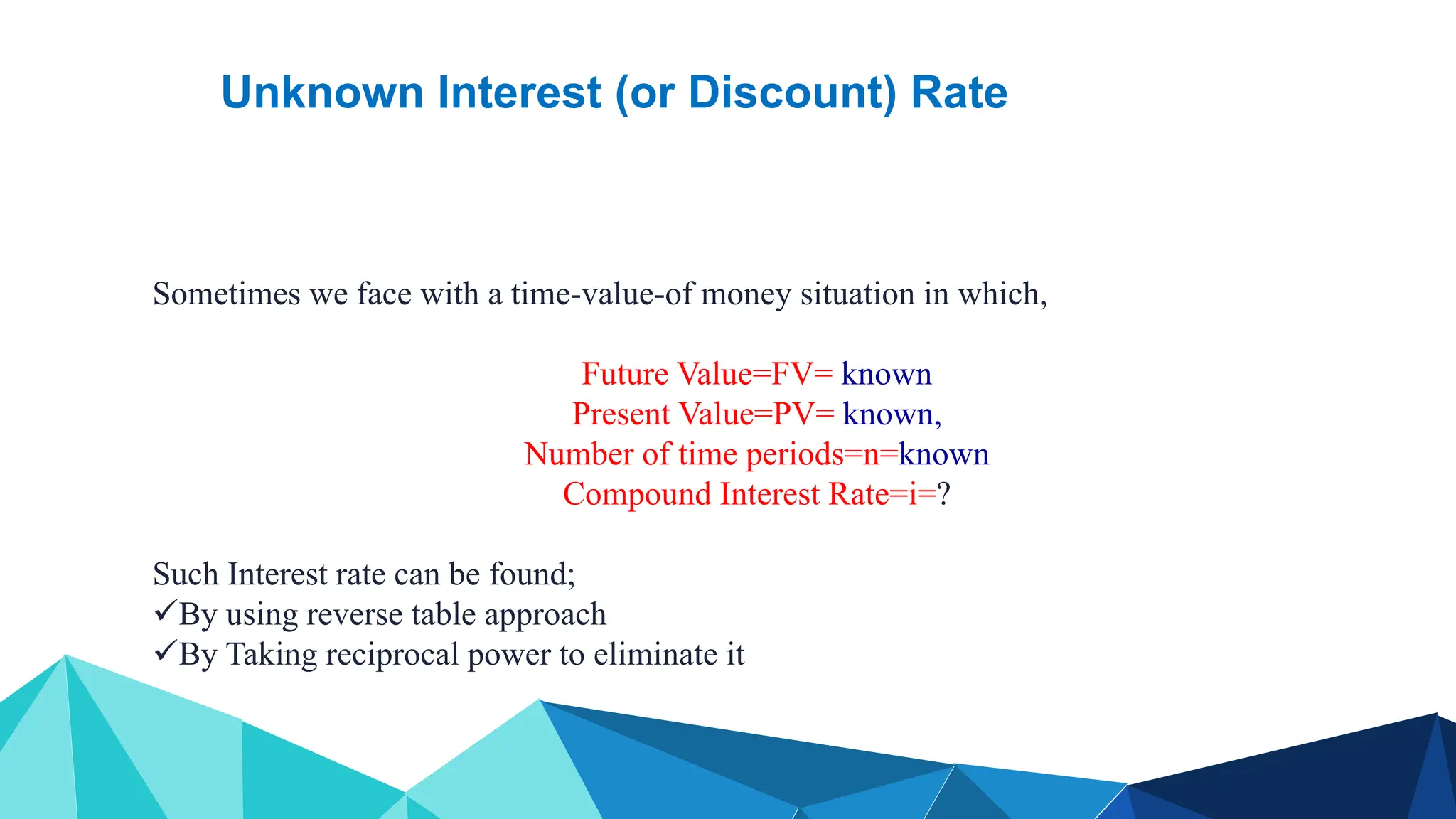 Sometimes we face with a time-value-of money situation in which,
Future Value=FV= known
Present Value=PV= known,
Number of time periods=n=known
Compound Interest Rate=i=?
Such Interest rate can be found;
By using reverse table approach
By Taking reciprocal power to eliminate it
Unknown Interest (or Discount) Rate
 