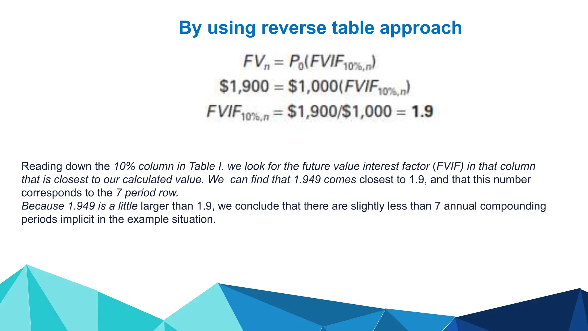Reading down the 10% column in Table I. we look for the future value interest factor (FVIF) in that column
that is closest to our calculated value. We can find that 1.949 comes closest to 1.9, and that this number
corresponds to the 7 period row.
Because 1.949 is a little larger than 1.9, we conclude that there are slightly less than 7 annual compounding
periods implicit in the example situation.
By using reverse table approach
 