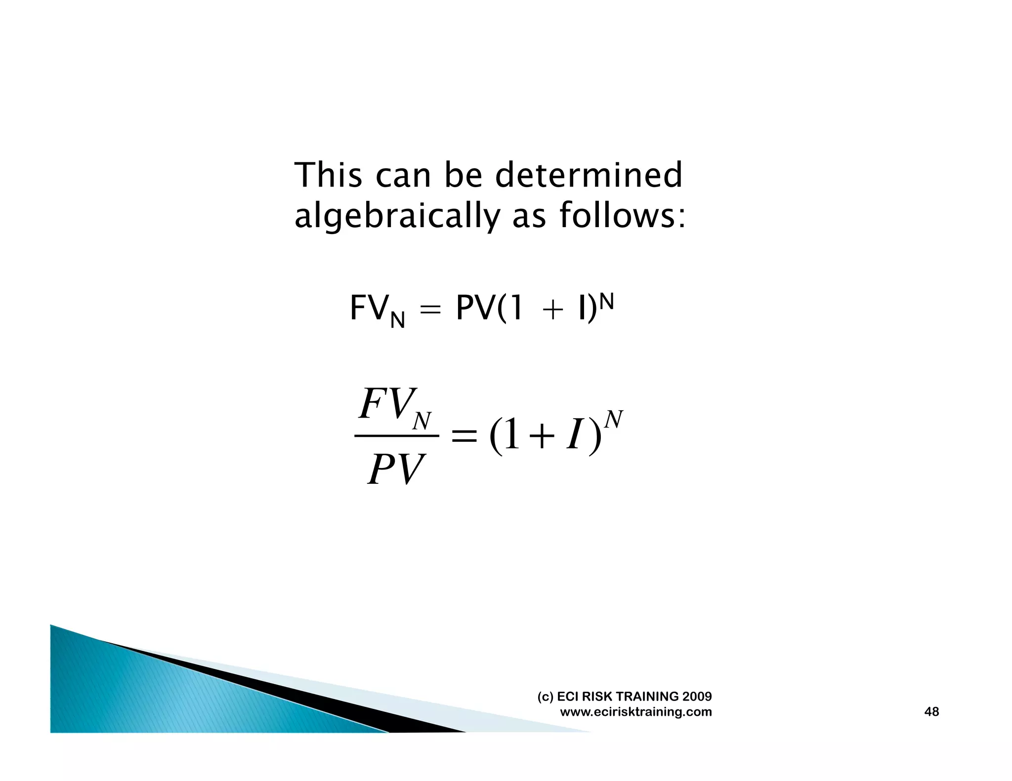 This can be determined
algebraically as follows:

   FVN = PV(1 + I)N

    FVN
        = (1 + I ) N

    PV



               (c) ECI RISK TRAINING 2009
                   www.ecirisktraining.com   48
 