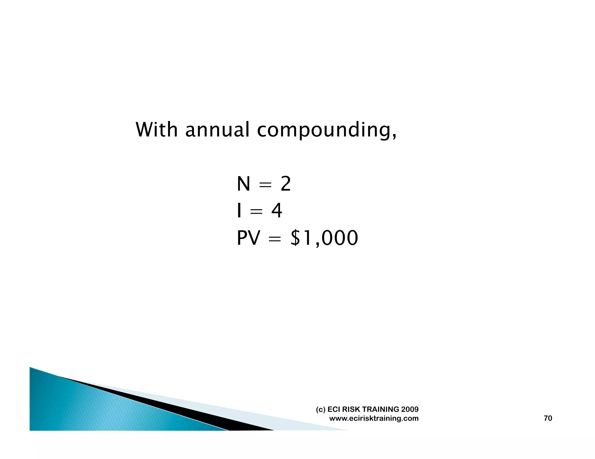 With annual compounding,

         N=2
         I=4
         PV = $1,000




                (c) ECI RISK TRAINING 2009
                    www.ecirisktraining.com   70
 