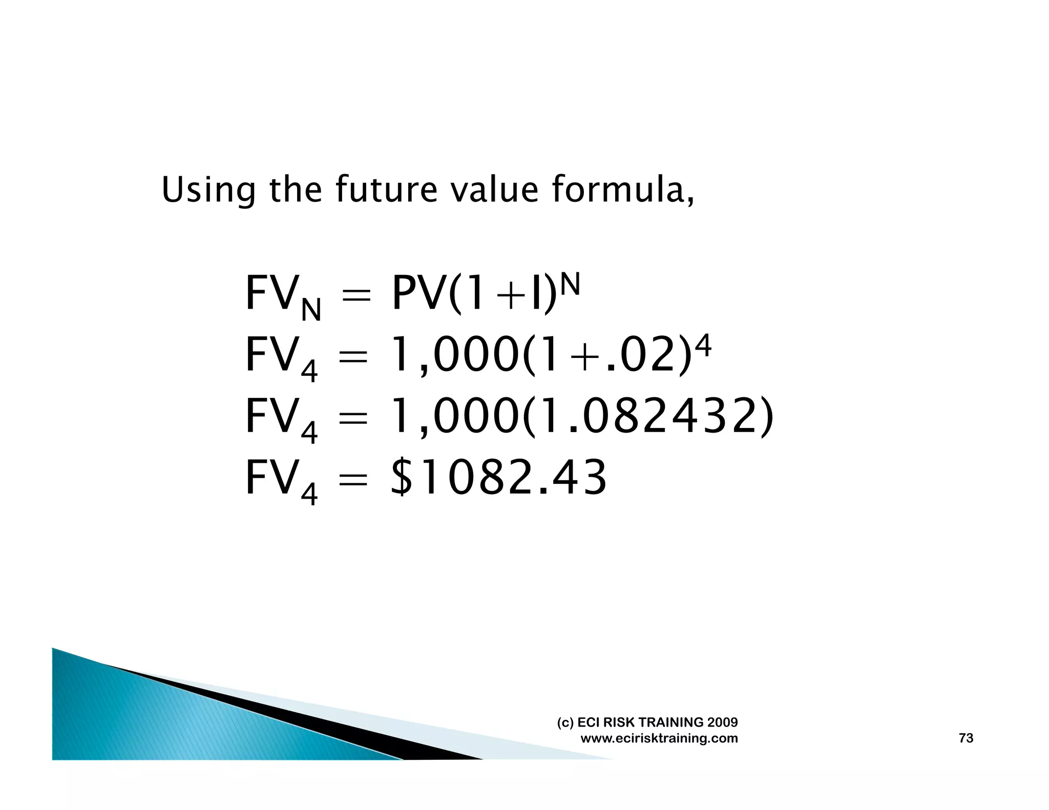 Using the future value formula,


    FVN = PV(1+I)N
    FV4 = 1,000(1+.02)4
    FV4 = 1,000(1.082432)
    FV4 = $1082.43



                      (c) ECI RISK TRAINING 2009
                          www.ecirisktraining.com   73
 