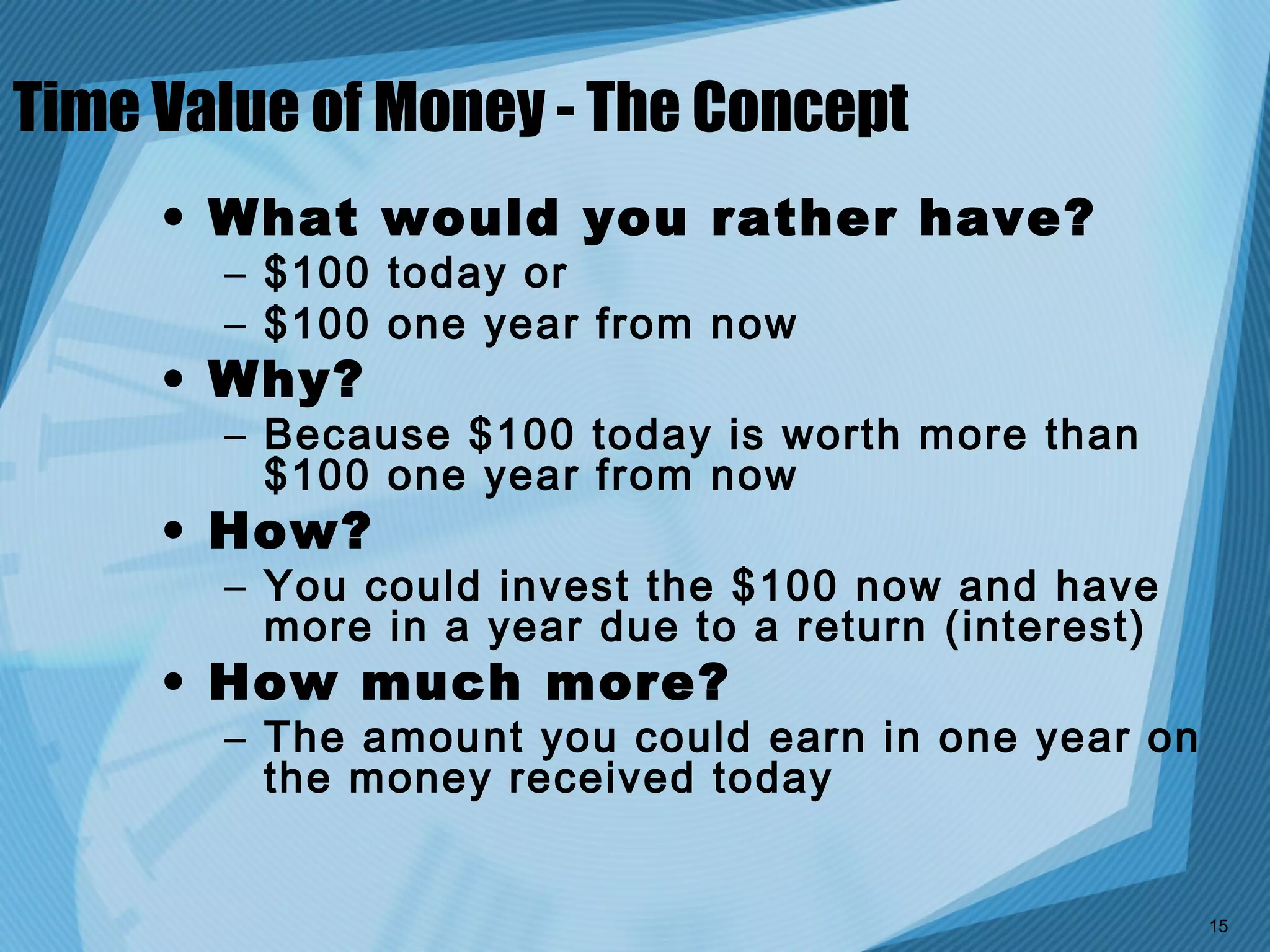 Time Value of Money - The Concept
     • What would you rather have?
       – $100 today or
       – $100 one year from now
     • Why?
       – Because $100 today is worth more than
         $100 one year from now
     • How?
       – You could invest the $100 now and have
         more in a year due to a return (interest)
     • How much more?
       – The amount you could earn in one year on
         the money received today


                                                     15
 